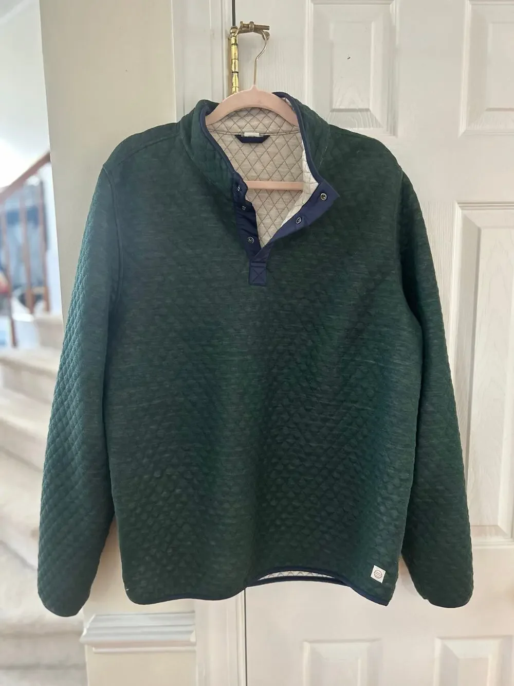 Marine Layer Corbet Reversible Quilted Henley Cream Dark Green Long Sleeve